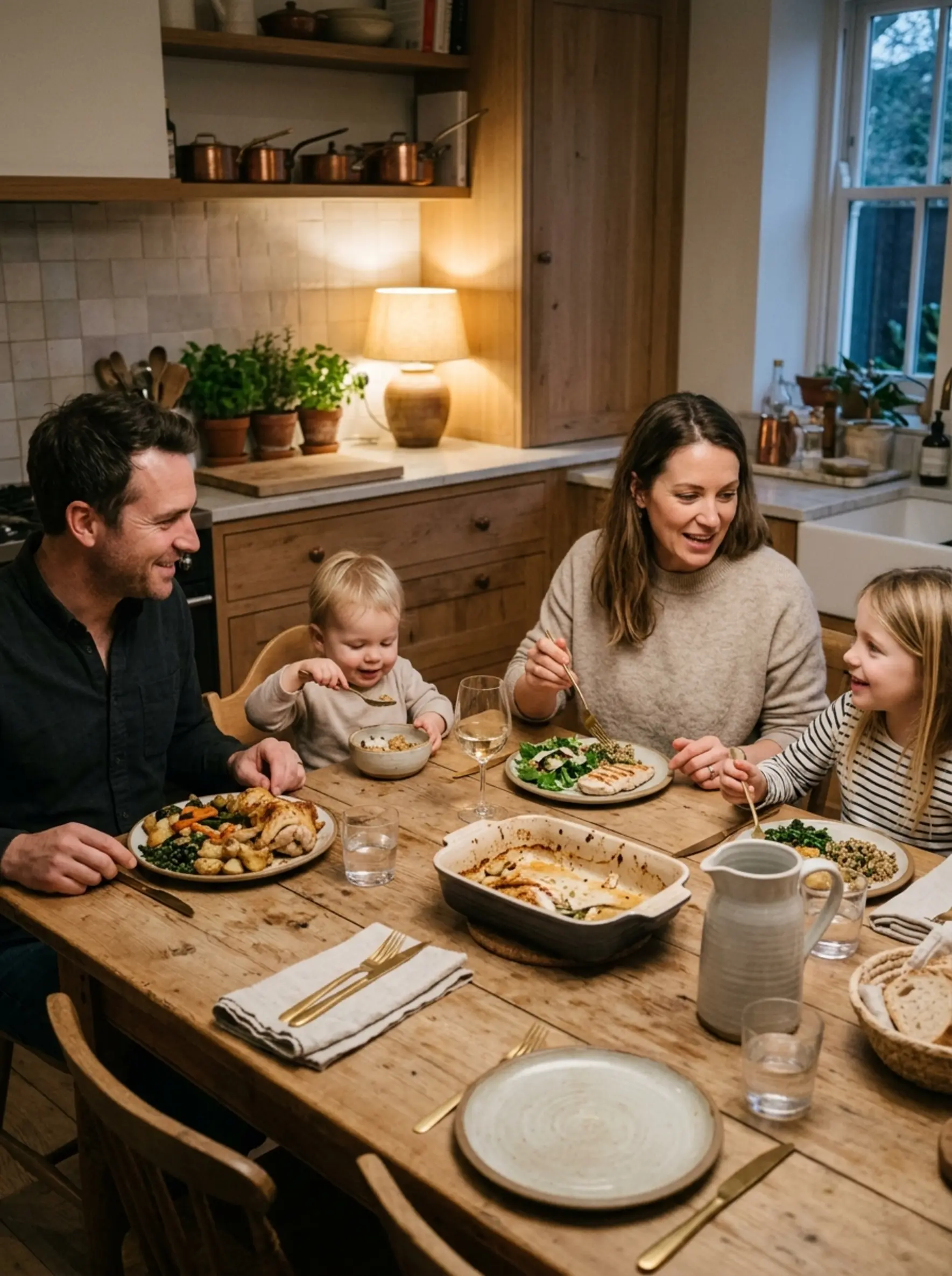 Family of four enjoying dinner together, each with their own portion