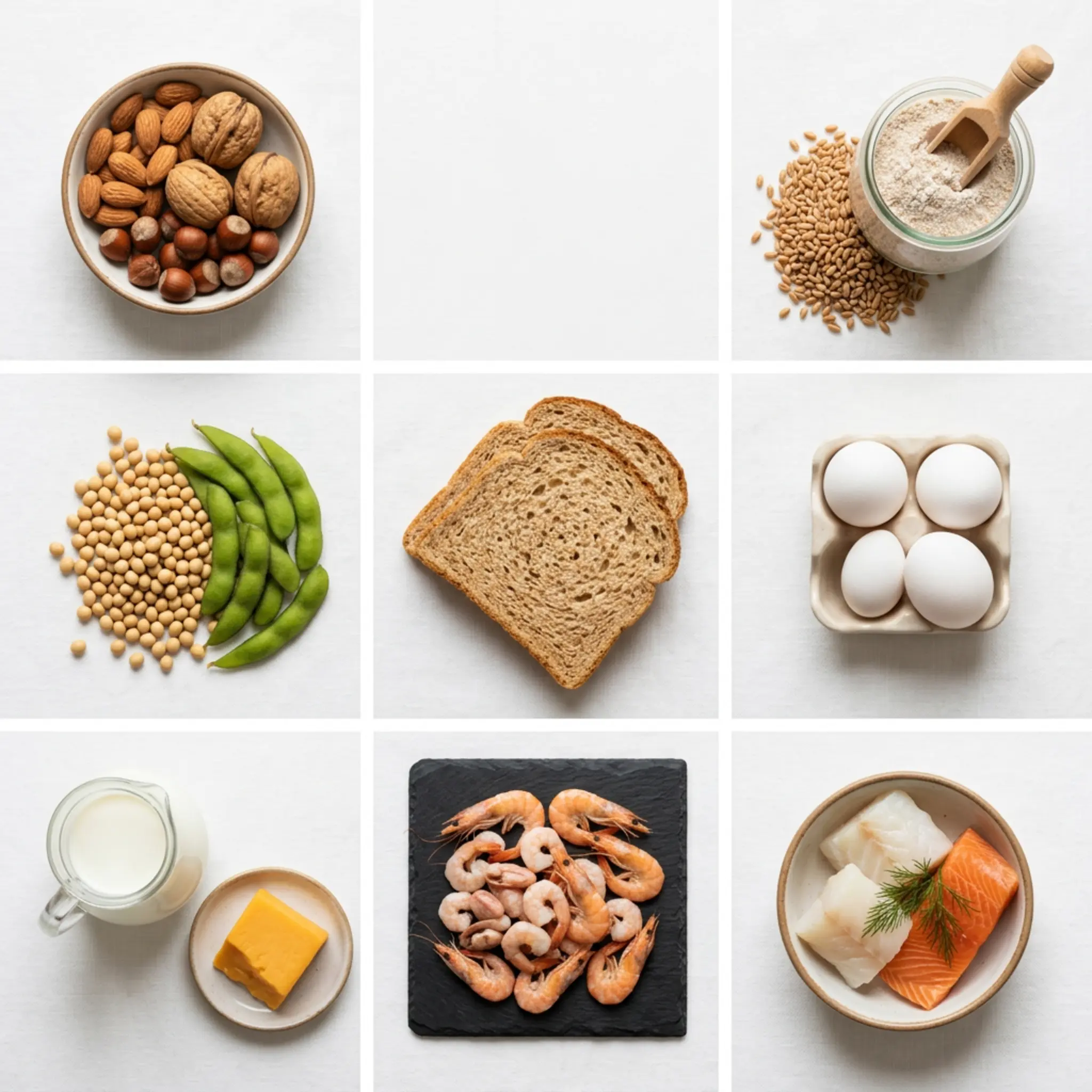 Common allergen foods arranged neatly on a white surface — nuts, dairy, eggs, wheat, shellfish
