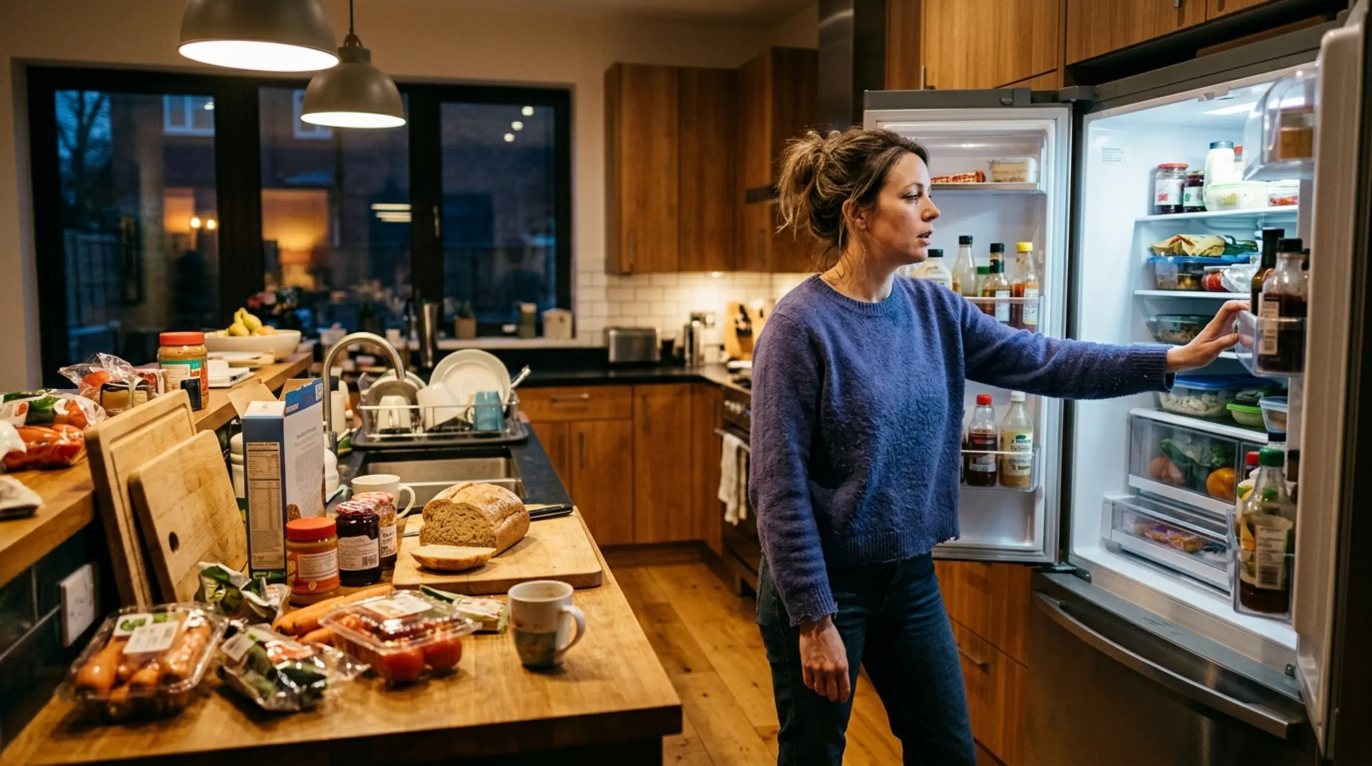 Parent staring into an open fridge wondering what to cook for dinner