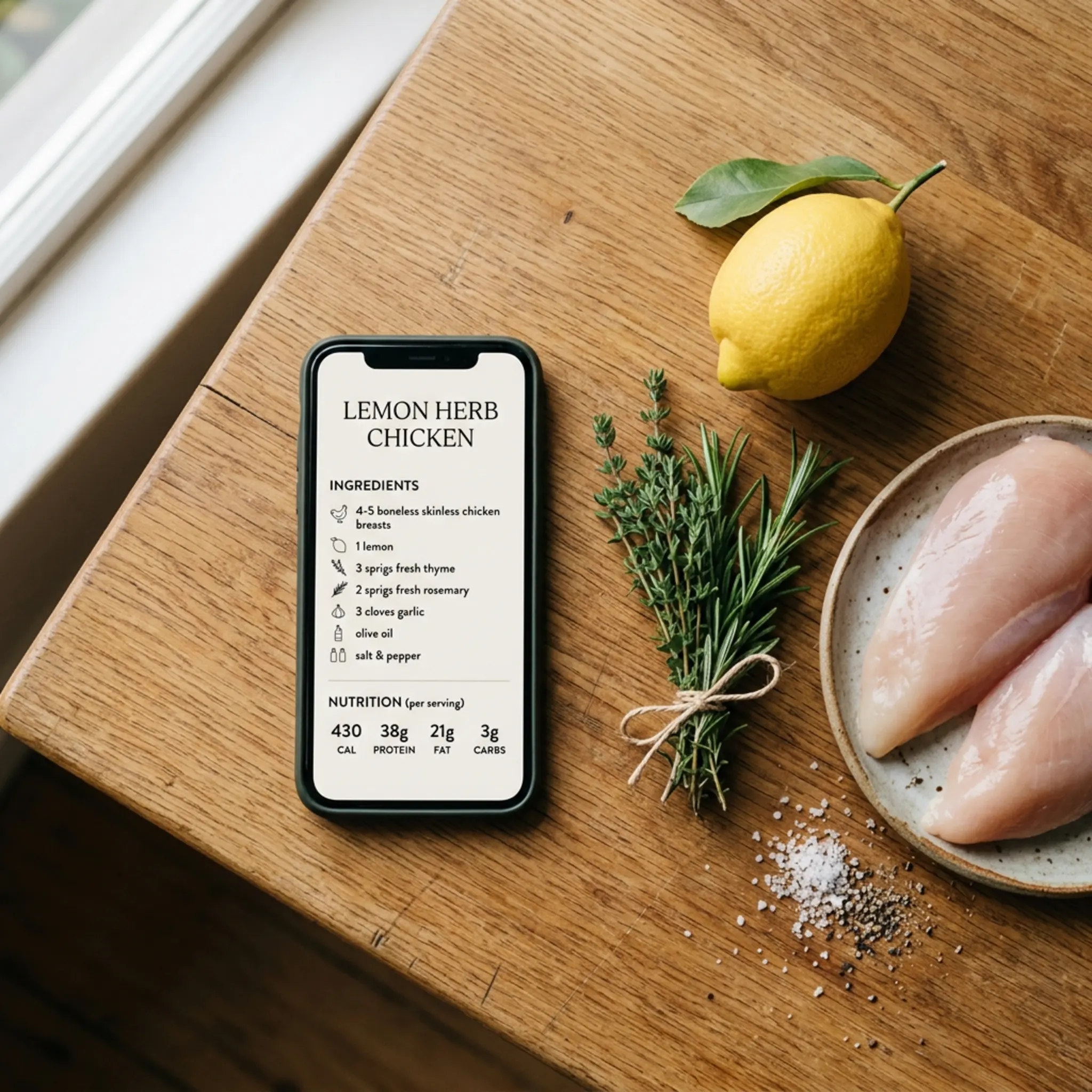 Smartphone showing a recipe card interface beside fresh ingredients on a kitchen bench