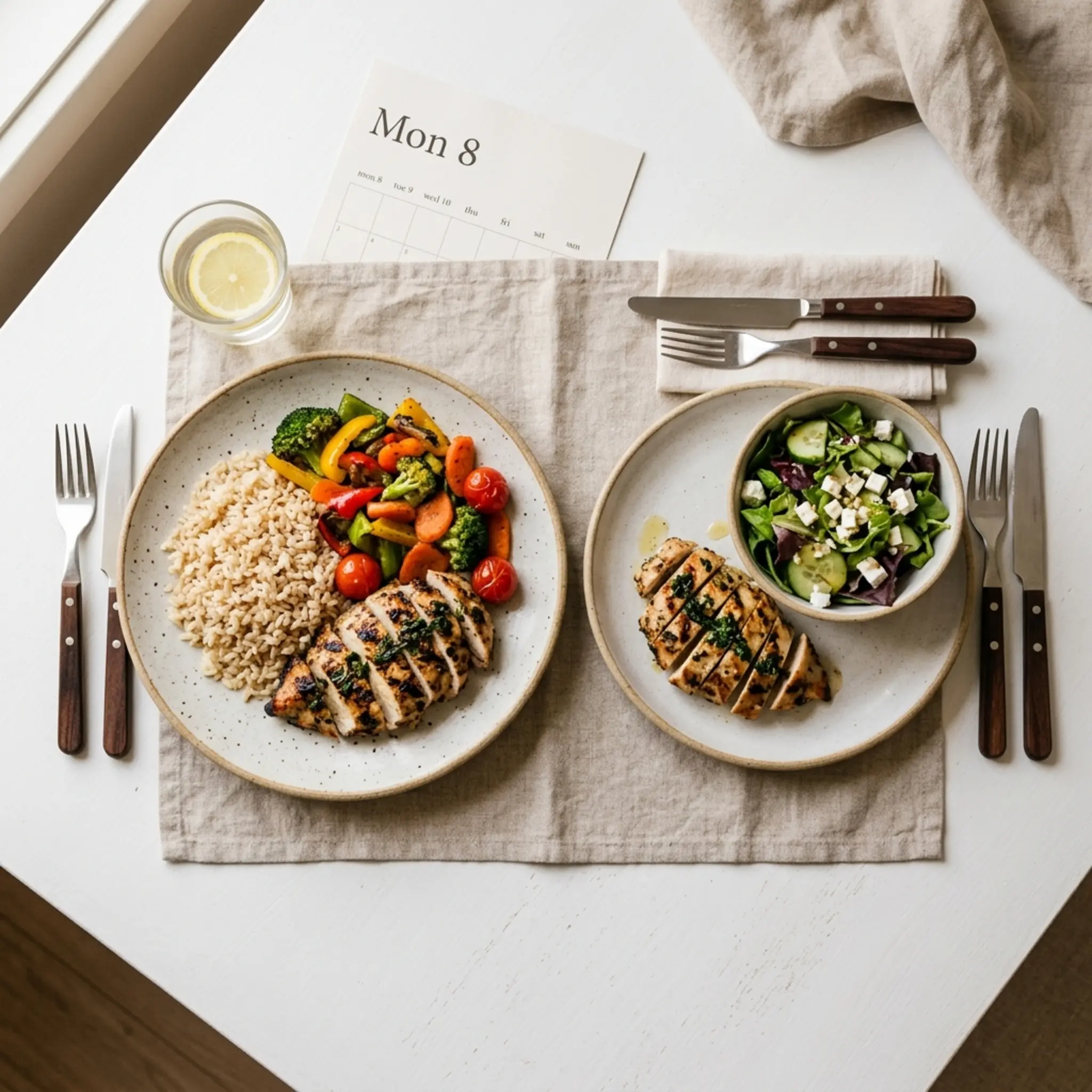 Two meal portions side by side — a larger plate for a training day and a smaller plate for a rest day