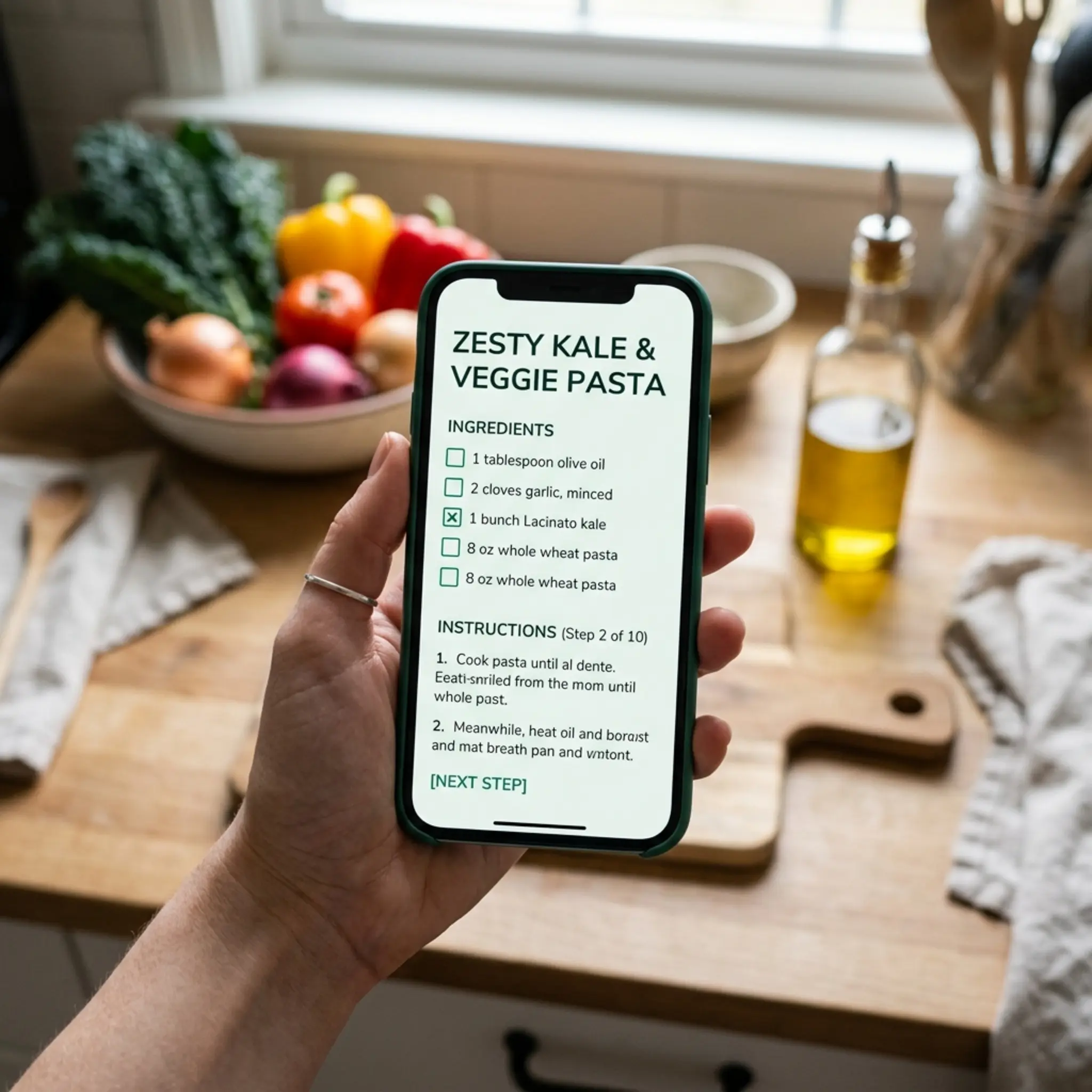 Hand holding a phone showing a recipe in cooking mode with checkable ingredients