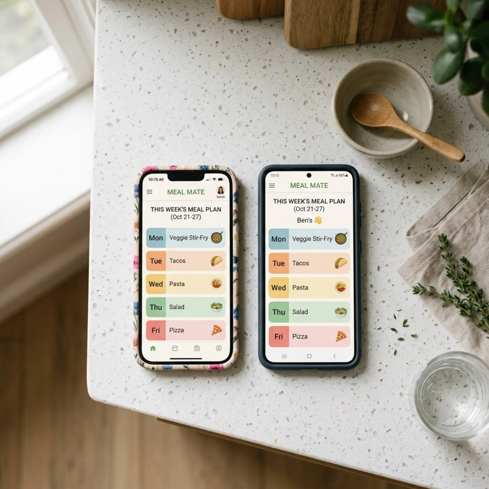 Two smartphones side by side showing the same meal plan, belonging to two different household members