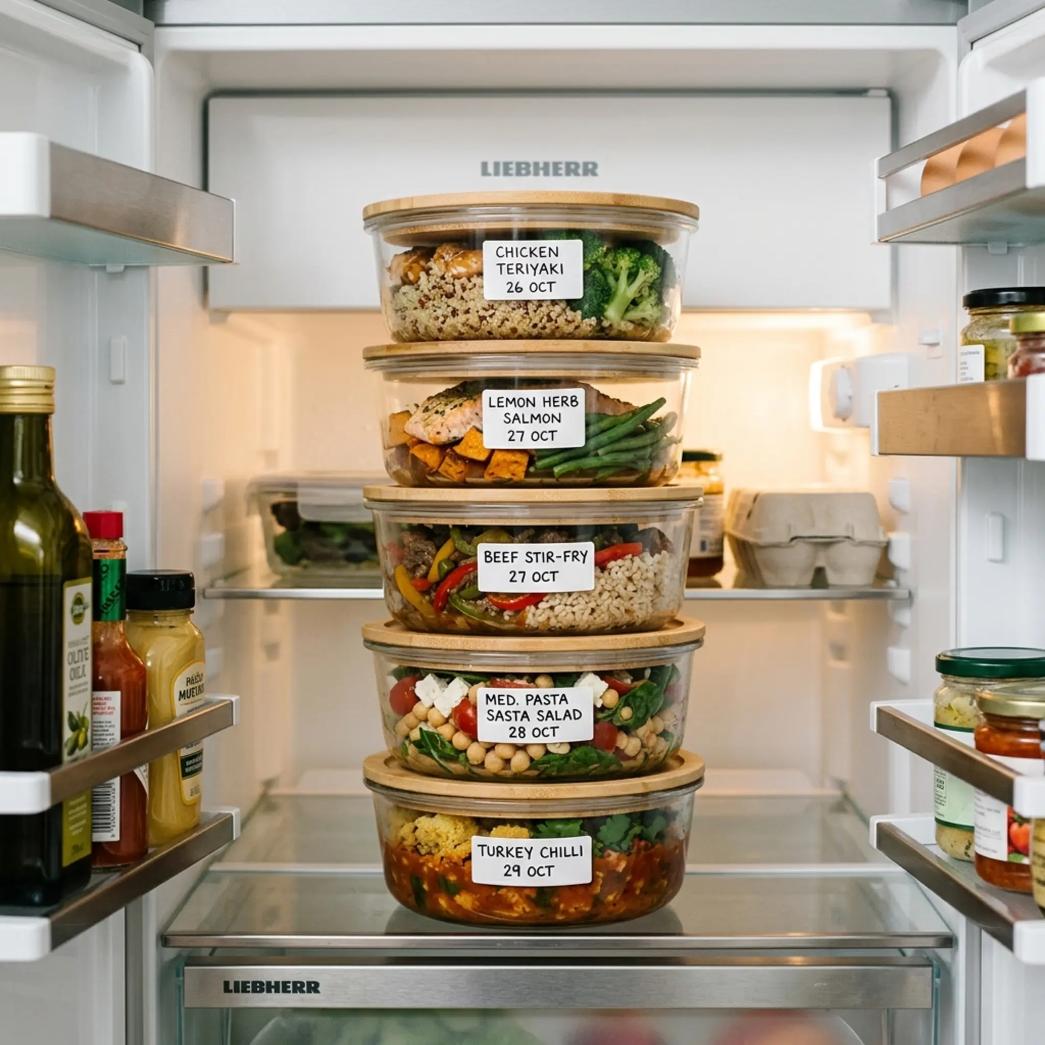 Glass meal prep containers stacked in a fridge with portioned meals inside