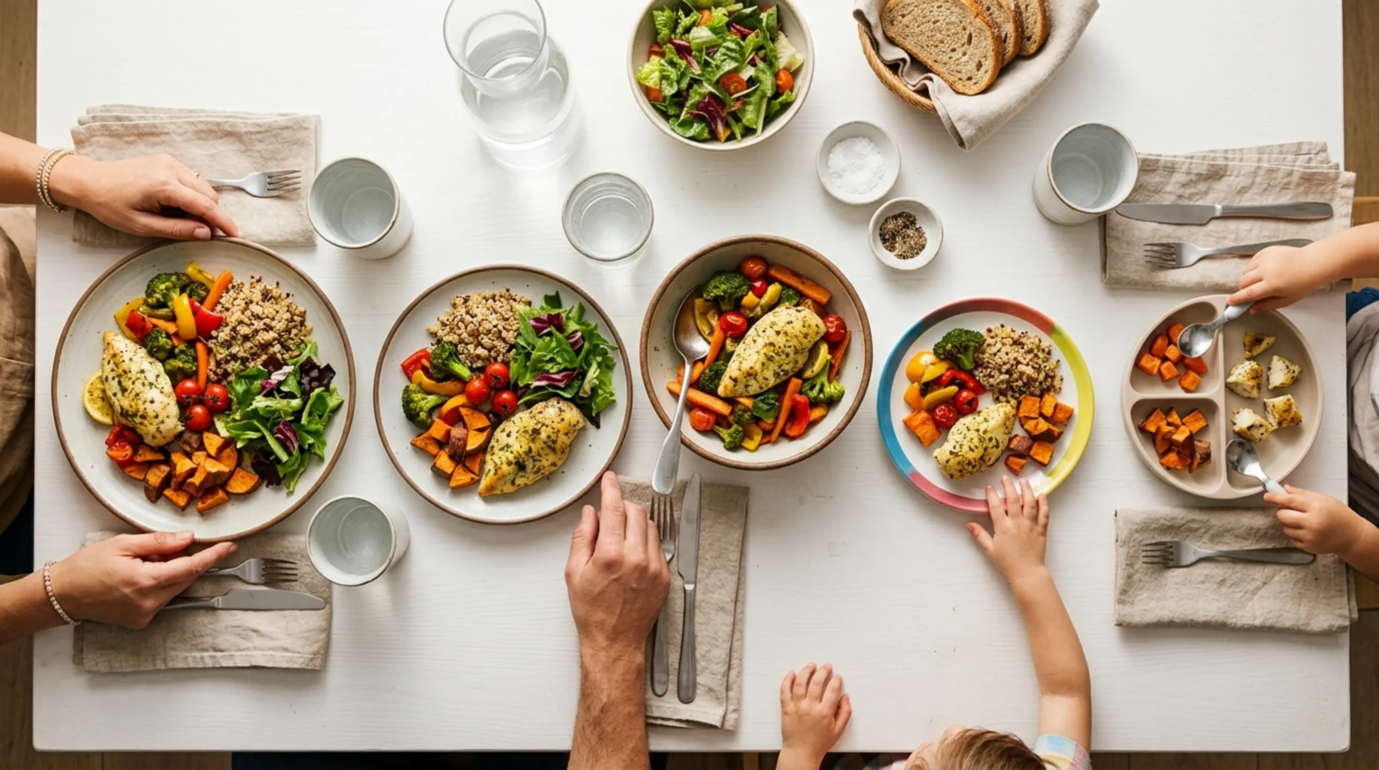 Four plates on a dinner table, each with different portion sizes for different family members