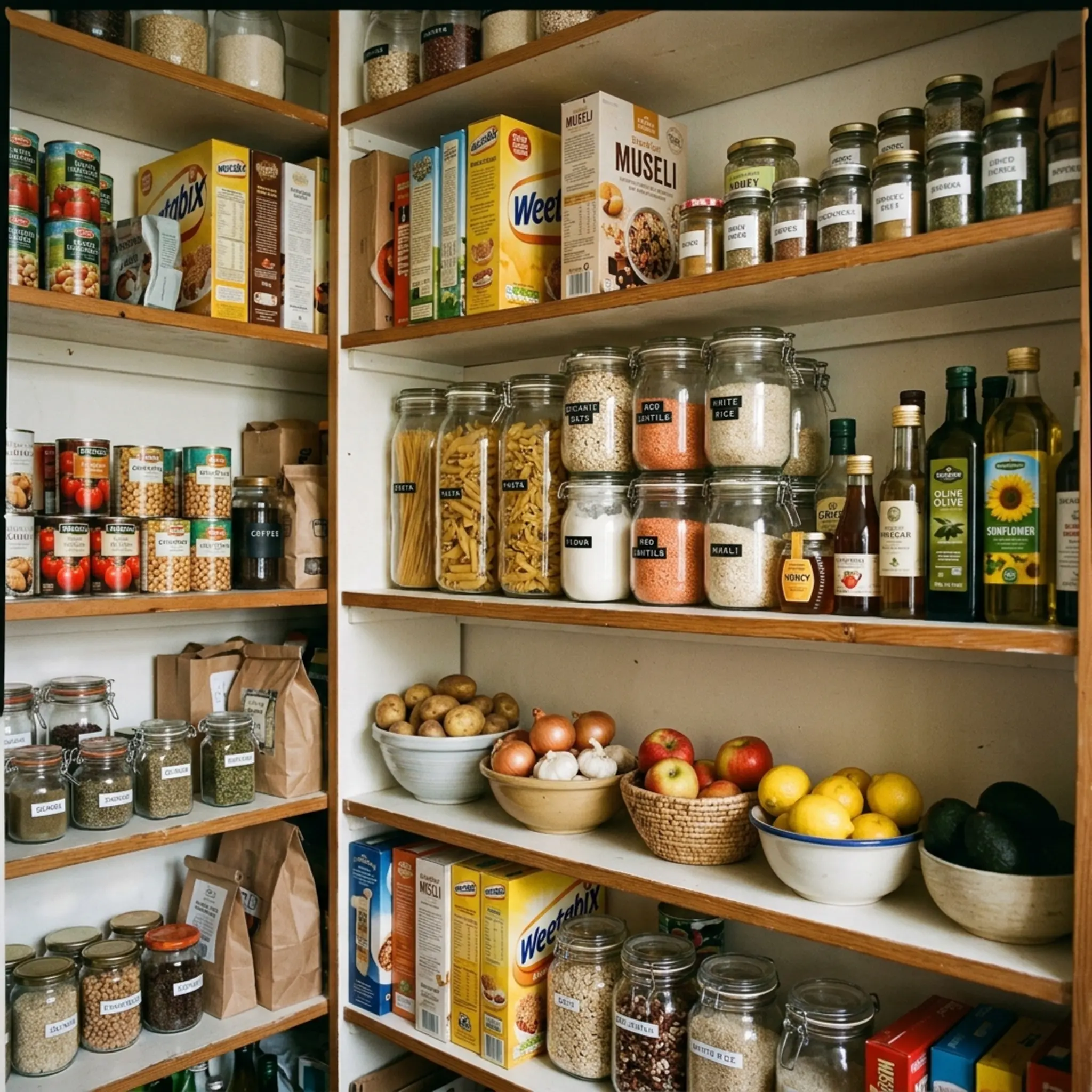 Neatly organised kitchen pantry shelf with jars, produce and packaged goods
